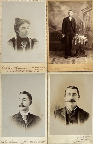 Set of 4 Cabinet Cards - Charles C. Lewis, J. D. Williams, H. L. Miser - Portrait of Men and Women - Oregon, Dallas, Monmouth - 19th Century