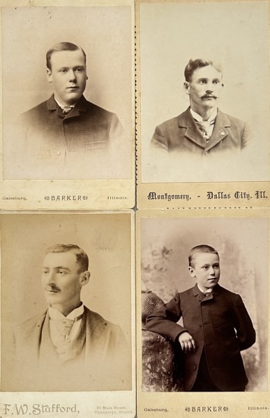 Set of 4 Cabinet Cards - Barker, E. F. Stafford - Portraits of Gentlemen - Illinois, Champaign, Galesburg, Montgomery - 19th Century