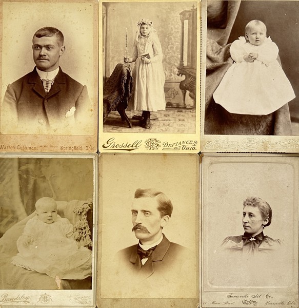 Set of 6 Cabinet Cards - Warren Cushman, P. F. Finch, Grossel Studio, Beardsley, Zanesville Art Co - Portraits of Children & Adults - Lebanon, Springfeld, Ohio USA - 19th Century 