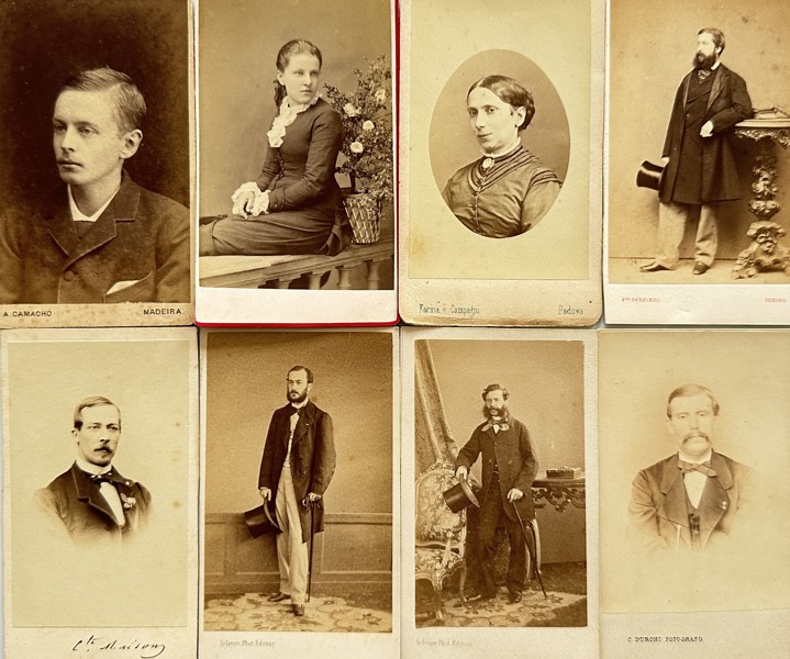 Set of 8 Carte de Visite - A. Camacho, Fratelli Alinari, Farina e Compafni, C. Duroni
 - Portrait of Young Men and Young Women - Madeira, Portugal, Florence, Padua, Turin, Italy - 19th Century