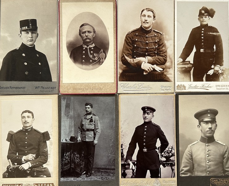 Set of 8 Carte de Visite - Atelier Carl Sauerzopf, Atelier Rembrandt, Charles Louis, Gustav Fischer
 - Portraits of Officers - Neustadt, Dresden, Germany, Rossillon, France, Vienna,  - 19th Century