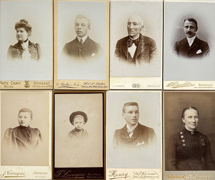 Set of 8 Carte de Visite - L. Devolder, Andre Neu, J. Levaque, Dupont - Portraits of Young Men and Women - Brussels, Belgium - 19th Century