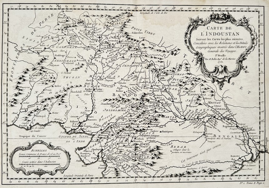 Jacques Nicolas Bellin (1703–1772) – Map of Hindustan (The Indian Subcontinent) – Copper engraving (1750)