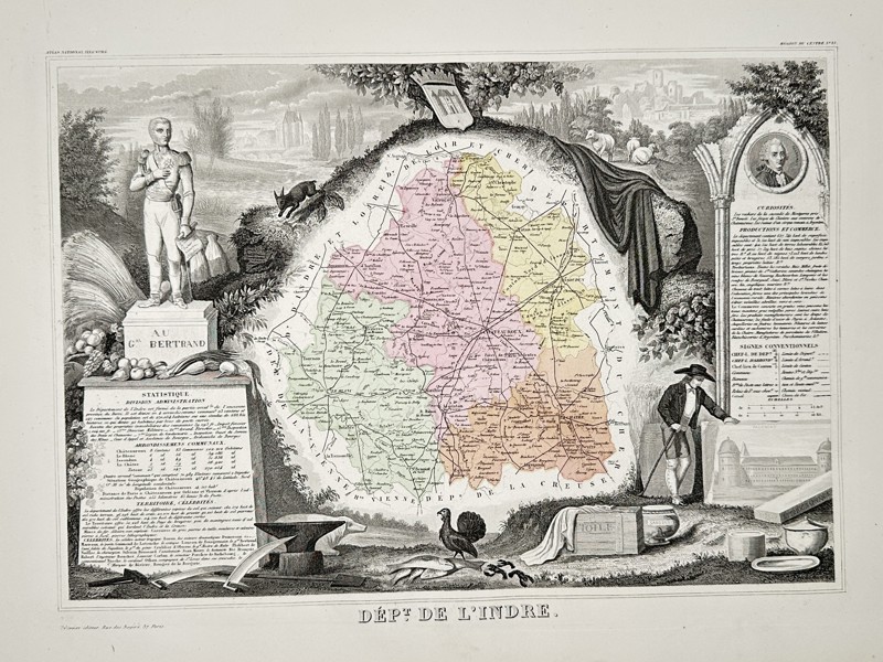 Victor Levasseur (1795–1862) – Map of the Department of Indre (France) – Hand-colored steel engraving (1852)