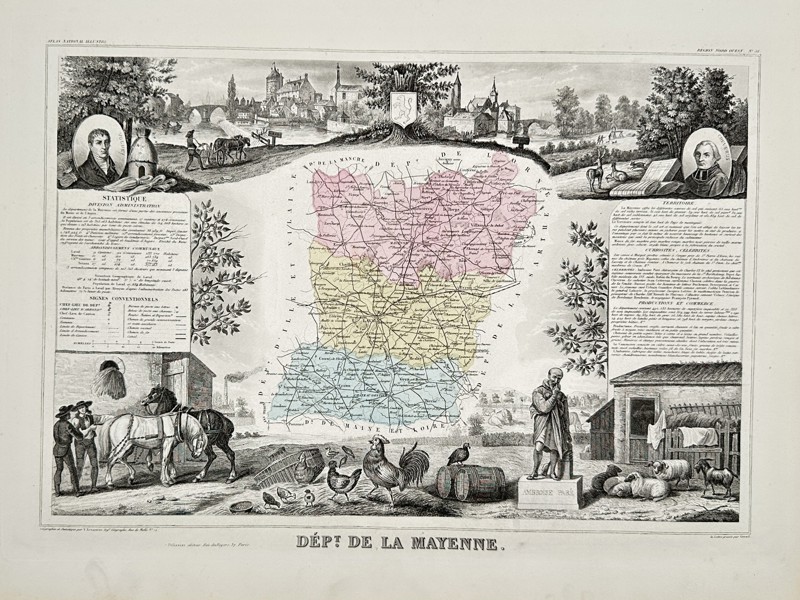 Victor Levasseur (1795–1862) – Map of the Department of Mayenne (France) – Hand-colored steel engraving (1852)