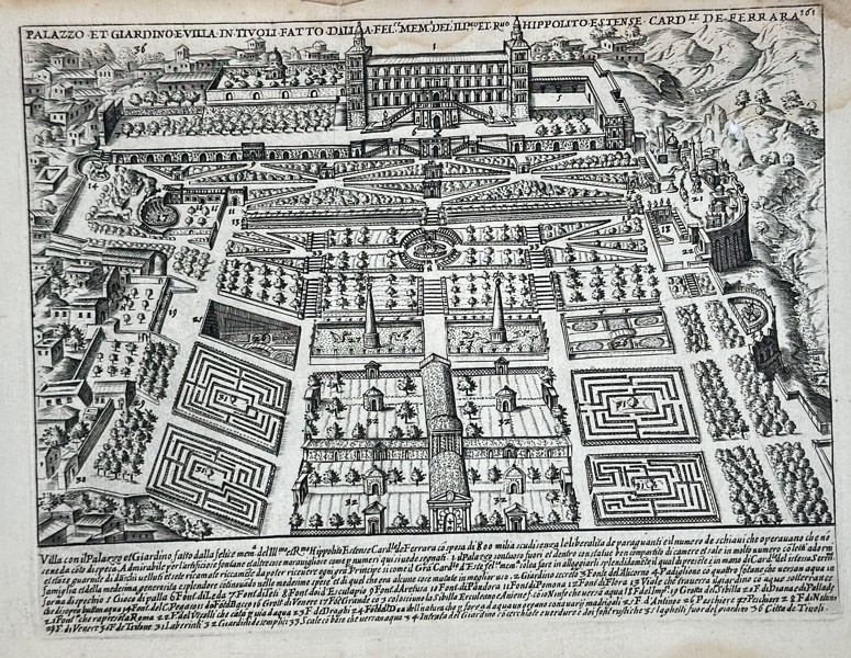 Giacomo Lauro (1550–1630) – Palace and Garden of Villa d'Este in Tivoli – Copper engraving (1620)