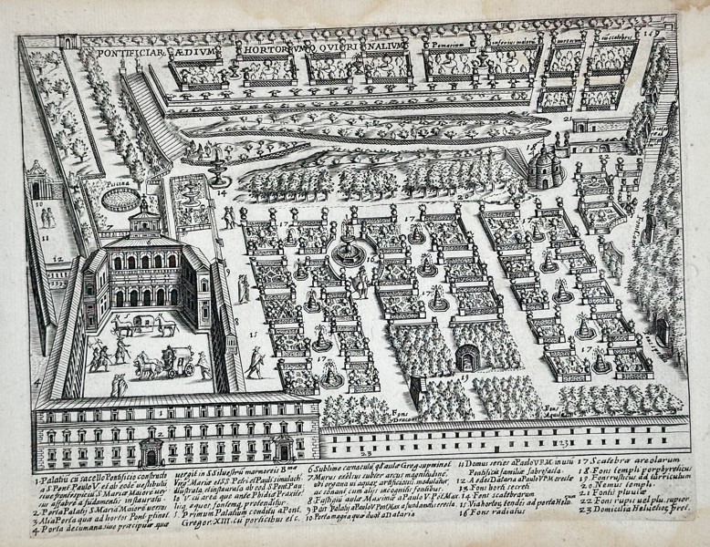 Giacomo Lauro (1550–1630) – Palace and Gardens of the Quirinal Hill in Rome – Copper engraving (1620)