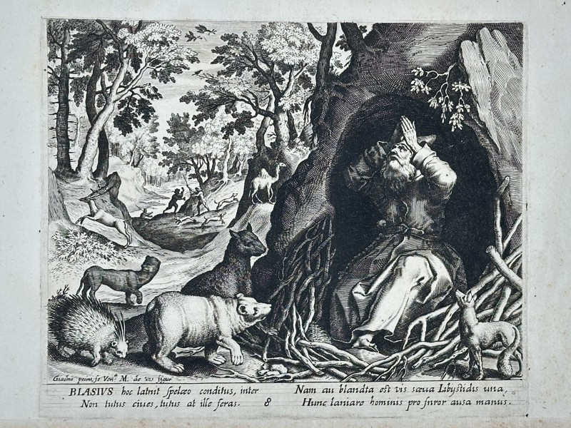 Maerten de Vos (1532–1603) – Saint Blaise in the Wilderness – Copper engraving (1590)