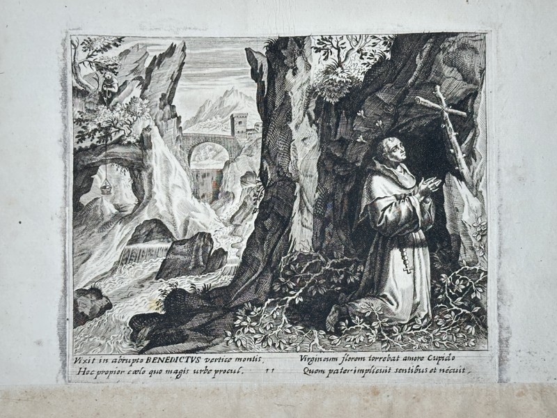 Maerten de Vos (1532–1603) – Saint Benedict in the Wilderness – Copper engraving (1590)