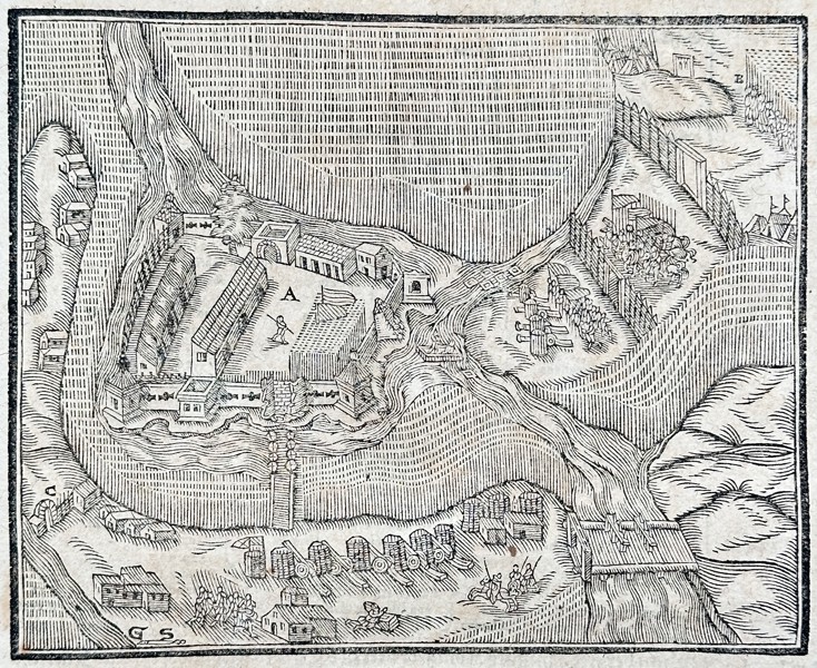 Sebastian Münster (1488–1552) – View of the Fortress of Bacza in Hungary – Woodcut (1550)