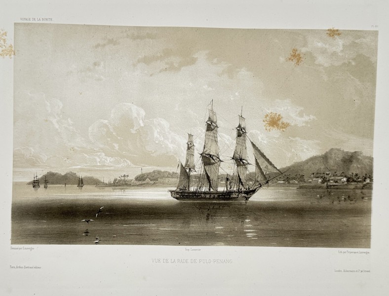 Barthélemy Lauvergne (1805–1878) – View of the Bay of Pulo Penang (Malaysia) – Steel engraving (1846)