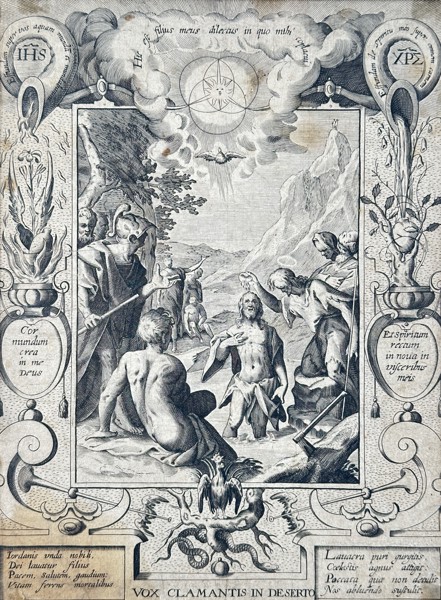 Jan Sadeler I (1550–1600) – The Baptism of Christ with Emblematical Border – Copper engraving (1580)