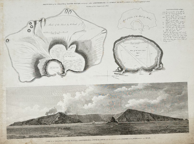 William Skelton (1763–1848) – Topographical Sketches and View of the Island of Amsterdam – Copper engraving (1800)