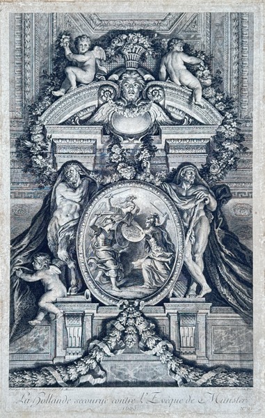 Jean-Baptiste Massé (1687–1767) – Allegory of the Netherlands Rescued against the Bishop of Münster – Copper engraving (1740)