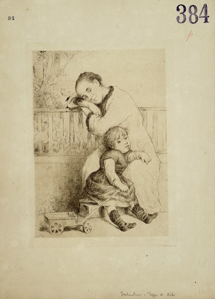 Marcellin-Gilbert Desboutin (1823–1902) – Mother and Child with Toy Wagon – Drypoint (1880)