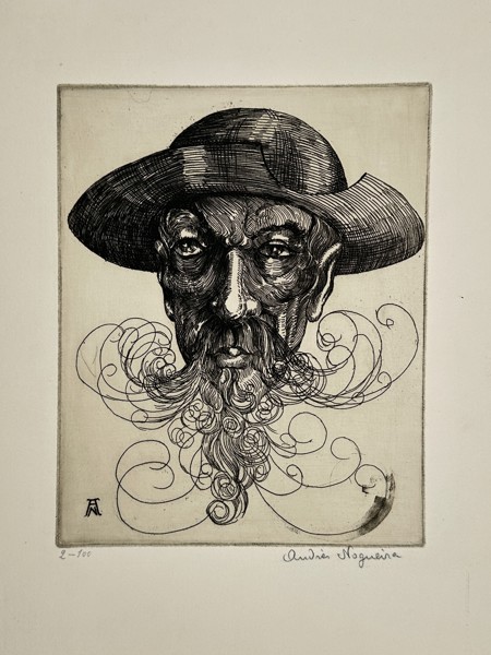 Claudio Nogueira (20th Century) – Portrait of a Bearded Man with Hat – Etching (1980)
