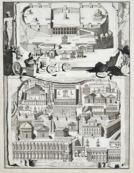 Jan Goeree (1670–1731) – Bird's-eye View of the Ancient Roman Capitol (Veteris Capitolii Adumbrata Magnitudo) – Copperplate engraving (18th Century)