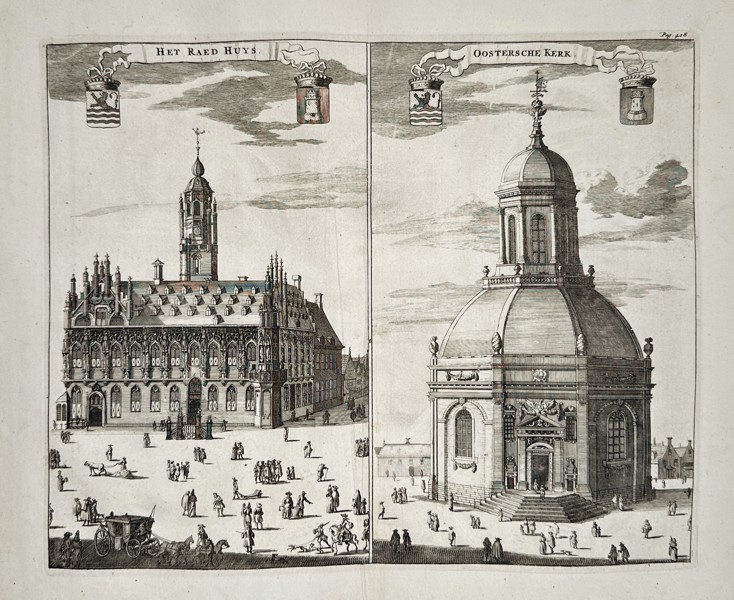 Daniel Stoopendaal (1672–1726) – The City Hall and the Eastern Church in Amsterdam – Copperplate engraving (18th Century)