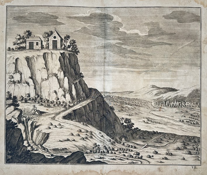 Jacob Peeters (1637–1695) – View of a Castle on a Rocky Cliff – Copperplate engraving (17th Century)