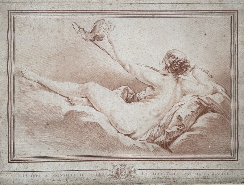 François Boucher (1703–1770) – Reclining Nude with a Bird – Crayon-manner engraving (18th Century)