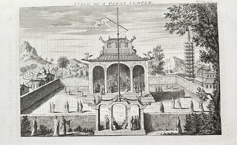 John Harris (fl. 1686–1730) – A View of a Pagan Temple (East Asian) – Copperplate Engraving (Circa 1730)