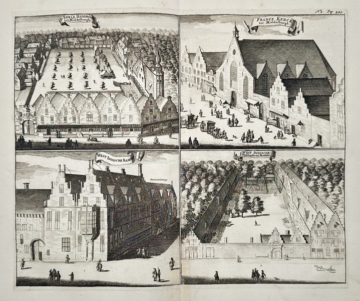 Matthaeus Smallegange (1624–1710) – Four Views of Middelburg: Hospital, French Church, East India House, and St. Sebastian Civic Guard Hall (Netherlands) – Engraving (Circa 1696)