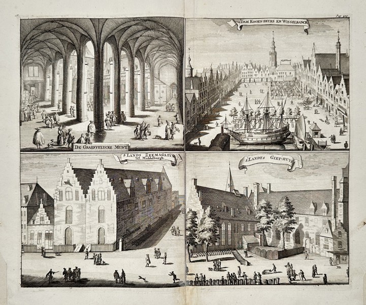 Mattheus Smallegange (1624–1710) – Four Views of Amsterdam: The Shoemakers' Booth, The High Crying-Out and Exchange – Engraving (17th Century)