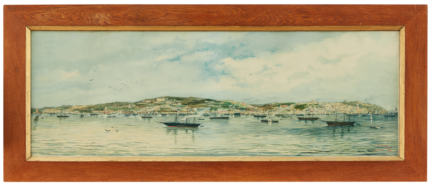 Enrique Casanova (1850-1913) - View of Lisbon with boats on the Tagus River