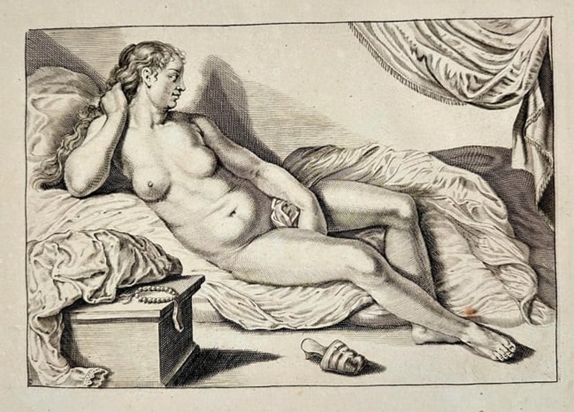 Frederick de Wit– Reclining Nude Woman on a Bed – Engraving