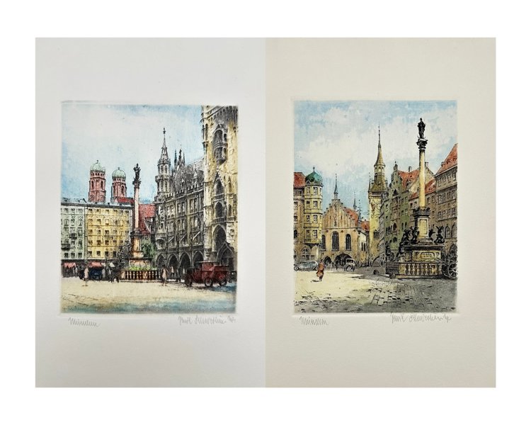 Johann Friedrich Dietrich (1787-1846), after - Set of 2 Aquatint Etching, Marienplatz in München, Germany