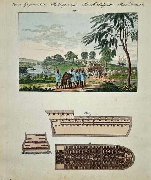 Friedrich Justin Bertuch (1747–1822) – Sierra Leone landscape and slave ship diagrams – hand-colored engraving (1805)