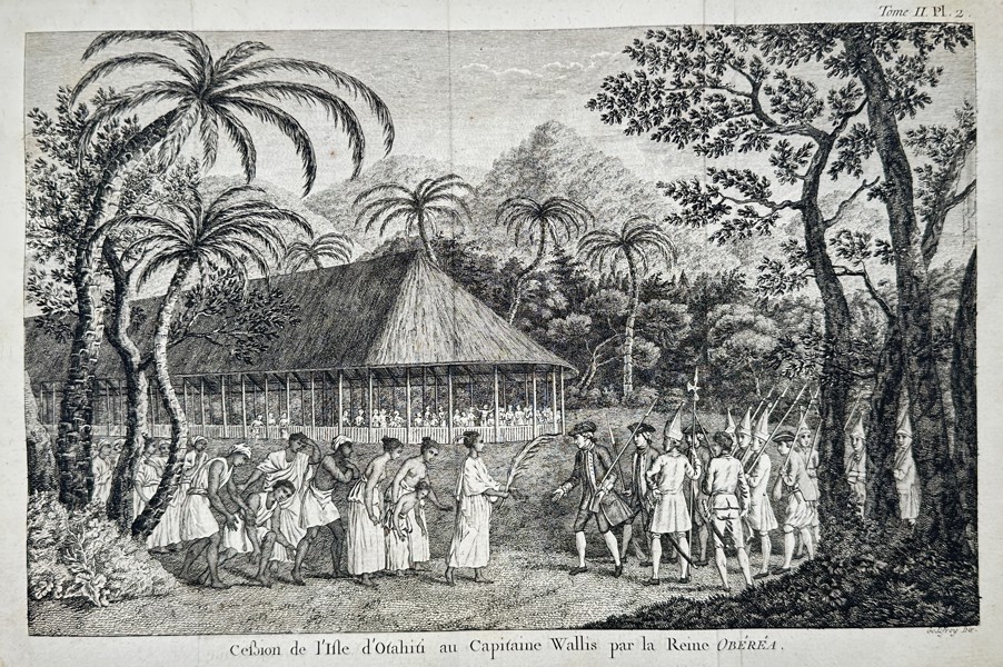 John Hawkesworth (1715–1773) – Encounter between Captain Samuel Wallis and Queen Purea – engraving (1774)