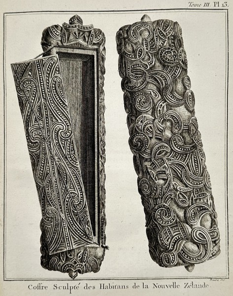 John Hawkesworth (1715–1773) – Sculpted chest of the inhabitants of New Zealand – engraving (1774)