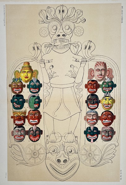 Pieter Willem Marinus Trap – Sinhalese demon figure and eighteen disease masks – Lithograph (1893)