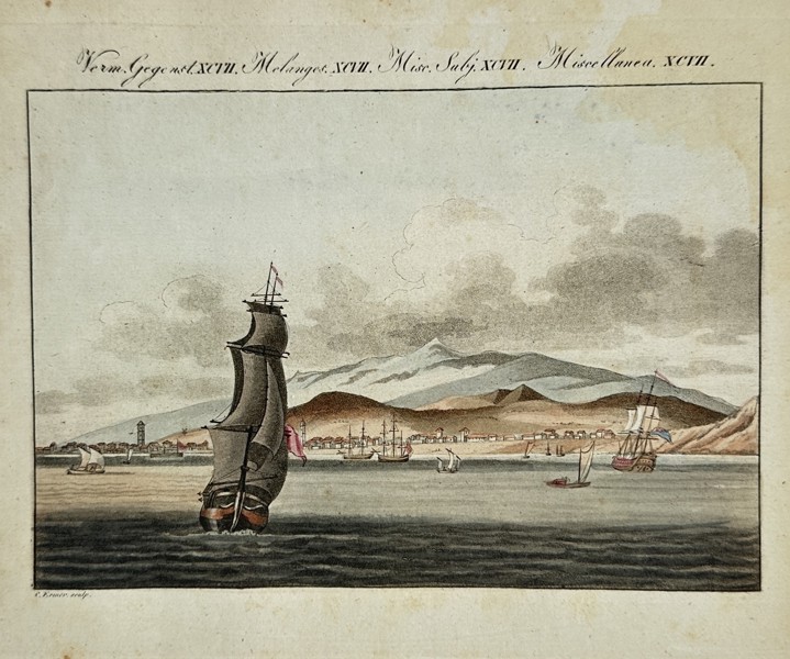 Friedrich Justin Bertuch (1747–1822) – View of a coastal port and sailing vessels – Hand-colored Engraving (1792)
