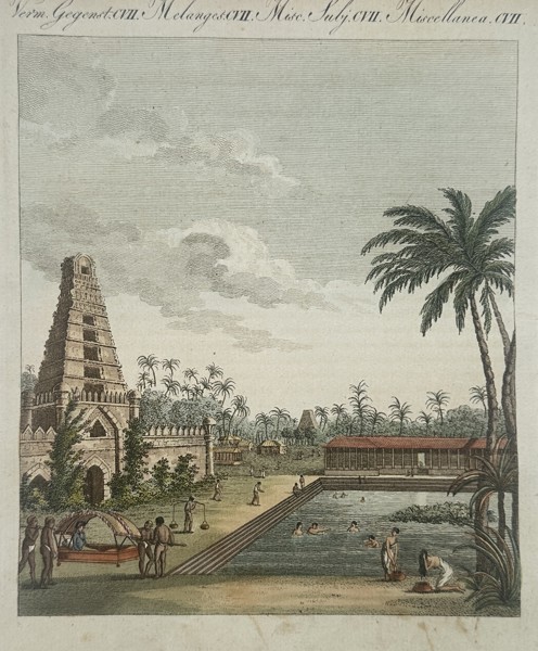 Friedrich Justin Bertuch (1747–1822) – View of a Hindu Temple and Bathing Tank – etching (Hand-coloured) (1790)