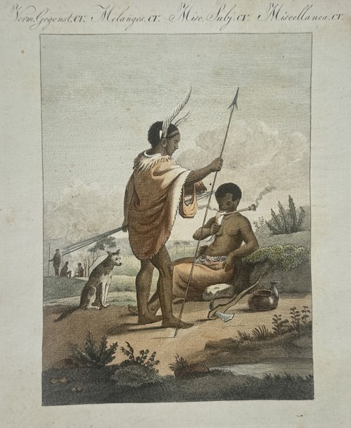 Friedrich Justin Bertuch (1747–1822) – View of African Inhabitants and a Dog – etching (Hand-coloured) (1790)
