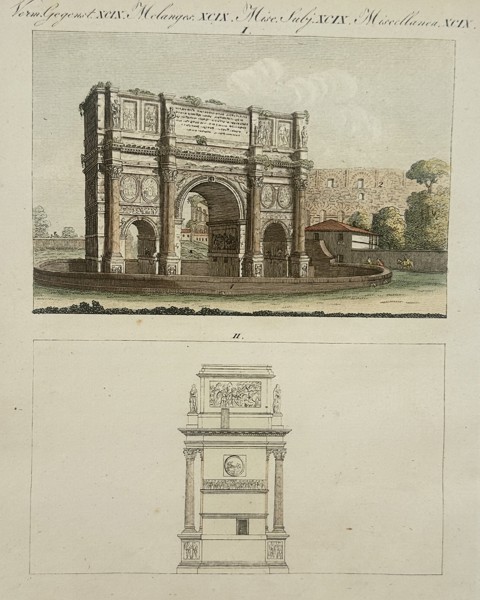 Friedrich Justin Bertuch (1747–1822) – View of the Arch of Septimius Severus and an Architectural Pedestal – etching (Hand-coloured) (1790)