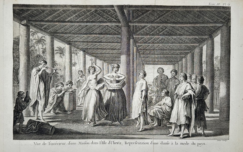 Captain James Cook – Interior of a House in Ulietea – Society Islands – engraving (1785)