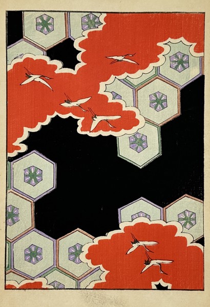 Japanese School (20th Century) – Stylized Crane and Geometric Cloud Pattern – Woodcut (20th Century)