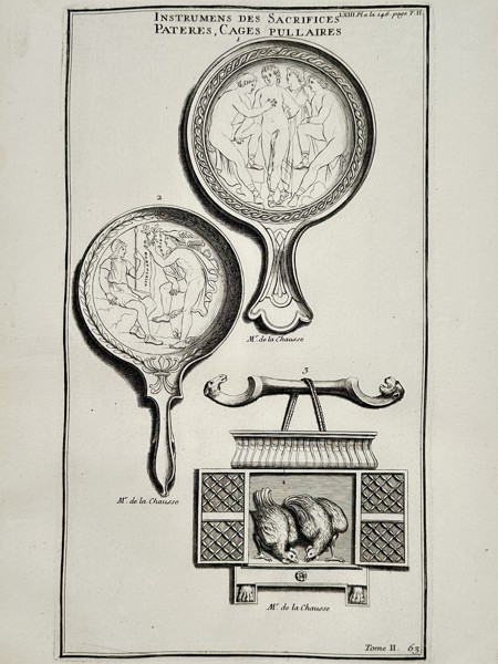 Bernard Montfaucon (1655–1741) – Roman Sacrificial Instruments and Poultry Cage – Engraving (18th Century)