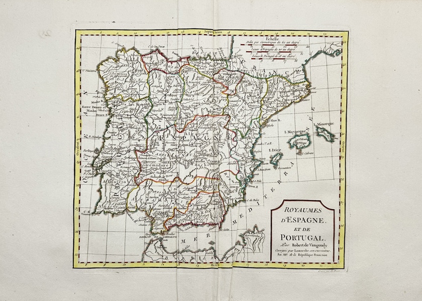 Gilles Robert de Vaugondy (1686–1766) - Kingdoms of Spain and Portugal - Royaumes d'Espagne et de Portugal - Nouvel Atlas Portatif destine principalement pour l'instruction de la Jeunesse - 1801-1820