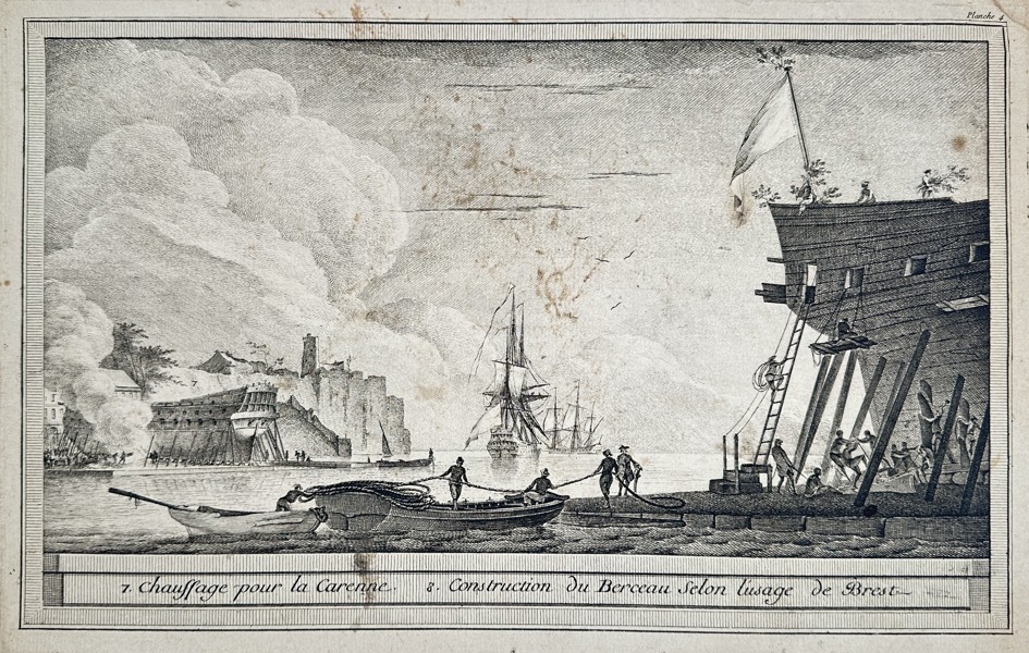Nicolas Ozanne (1728–1811) – Ship Construction and Careening in a Harbor – Engraving (1764)