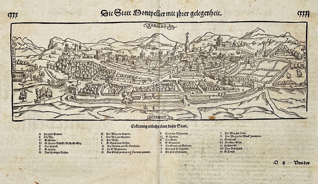 Sebastian Münster (1488-1552) – Map of Montpellier – France – Woodcut (1550)