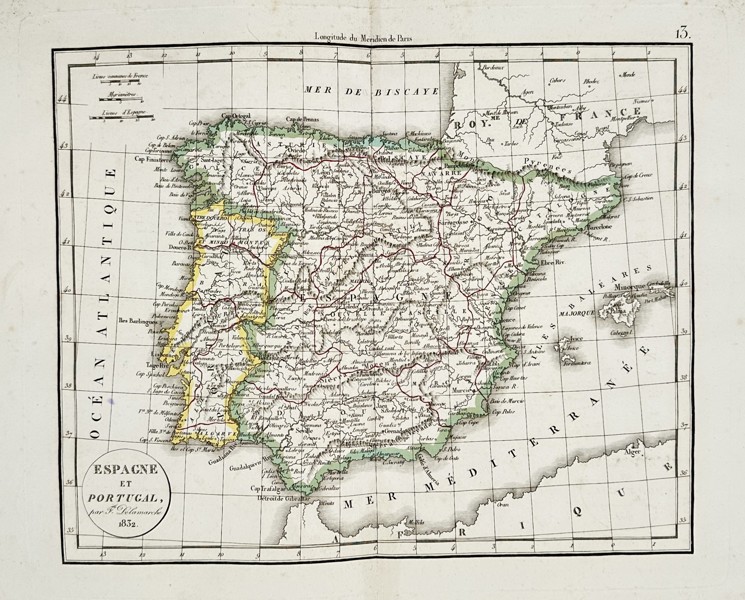 Felix Delamanche (1805–1867) – Map of Spain and Portugal – Europe – Engraving (Hand-coloured) (1843)