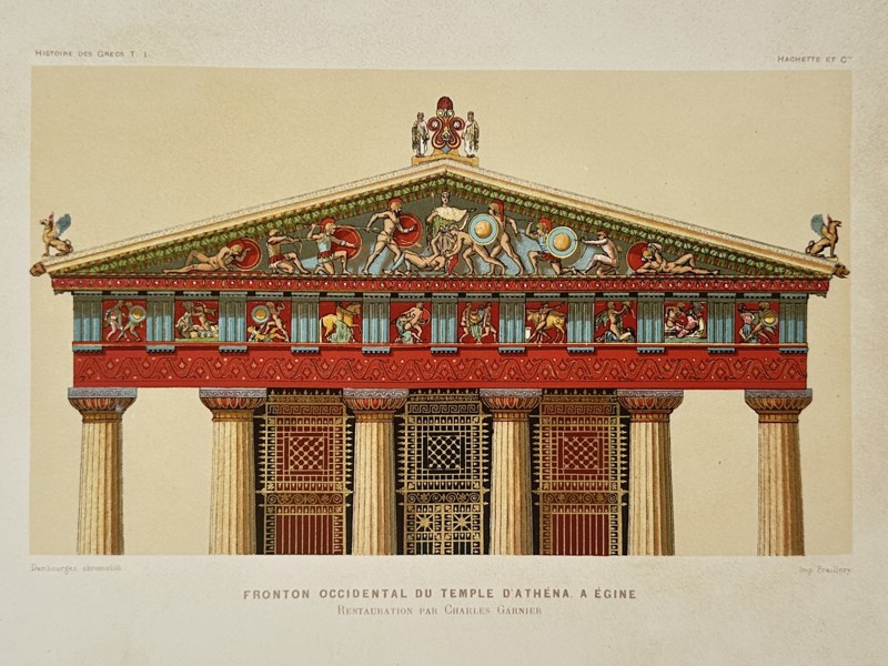 Victor Duruy (1811-1894) – Fronton Occidental du Temple d'Athéna à Égine – Lithograph (Hand-coloured) (1887)