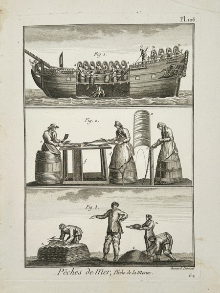 Robert Benard (1734–1777) – Cod Fishing and Processing – Engraving (1774)