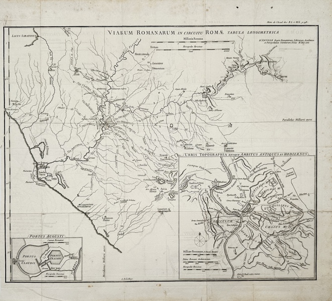 D’Anville (1697–1782) – Map of the Roman Roads Around Rome (Viarium Romanarum in Circuitu Romae) – Italy – Antique Engraving (18th Century)