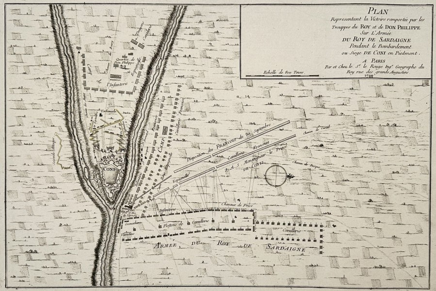 Georges-Louis Le Rouge (1712–1790) – Map of the Battle of Cuneo – Engraved Map (1744)