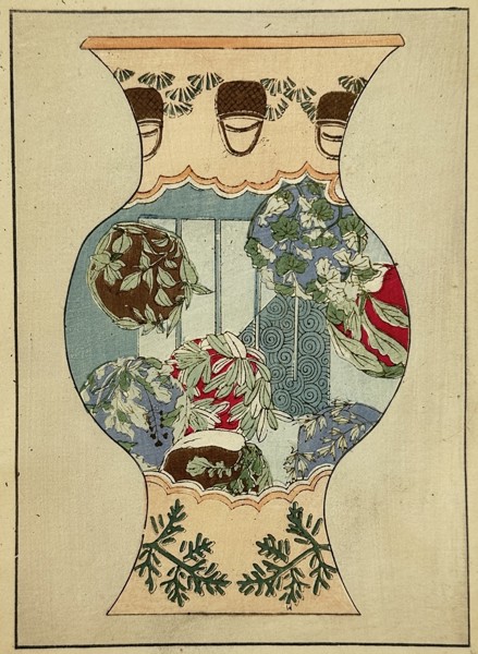 Japanese School (20th Century) – Study of a Decorative Vase with Floral and Acorn Motifs – Woodcut (20th Century)